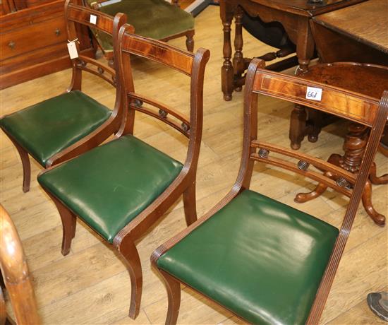 Three Regency style dining chairs with green leather seats